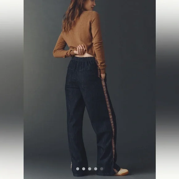 Maeve Anthropologie Wide Leg Pants Size Medium Dark Wash Pull On Striped - Picture 2 of 14